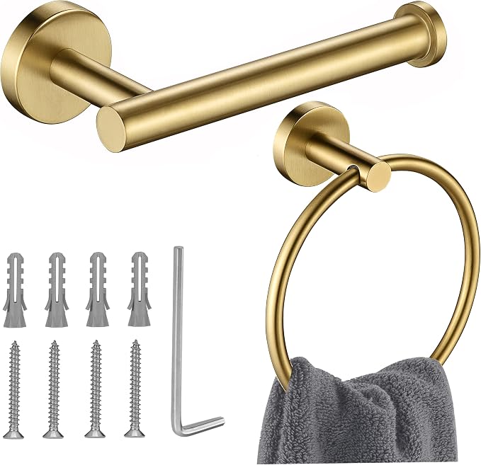 Gold Toilet Paper Holder, Towel Ring Set 2 Pieces Hand Towel Holder for Bathroom Hardware Accessories Set SUS304 Stainless Steel Sturdy Wall Mount Bathroom Holder…