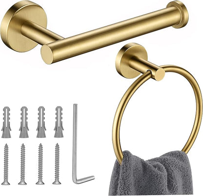 Gold Toilet Paper Holder, Towel Ring Set 2 Pieces Hand Towel Holder for Bathroom Hardware Accessories Set SUS304 Stainless Steel Sturdy Wall Mount Bathroom Holder…