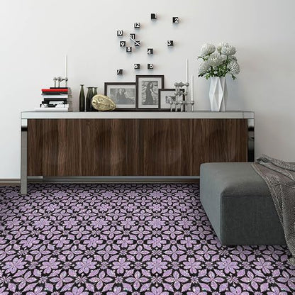 Purple Sparkle Geometric Peel and Stick Floor Tiles 12x12 Inch 10PCS | Purple floral geometric pattern with a printed sparkle look vinyl tiles for kitchen bathroom entryway and indoor decor