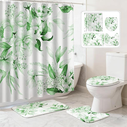 16 Pcs Sage Green Floral Shower Curtain Set with Rugs, Flower Bath Curtains and High Absorbent Non-Slip Mats, Thick 120GSM Fabric Curtain with 12 Metal Hooks (72x72 Inch)