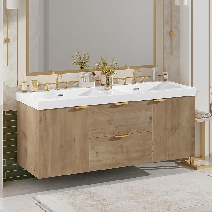 SOFTSEA 60" Double Sink Bathroom Vanity, Floating Bathroom Cabinet with 2 Storage Drawers & Soft Close Doors, Modern Wall Mounted Double Vanity with SMC Sink, Golden Handle, Wood
