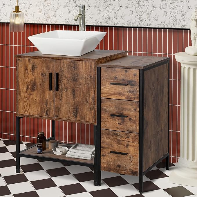 UEV 36" Antique Bathroom Vanity, Dark Brown Bathroom Vanity Set with Sink and 3 Drawers Side Cabinet Combo, Iron Wood Bathroom Cabinet with Adjustable Water Temperature Faucet (A07)