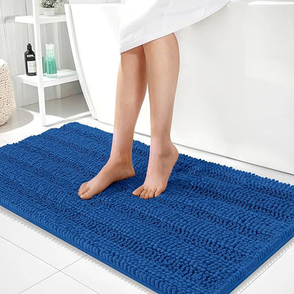 OLANLY Thick Bathroom Runner Rugs 44x24, Chenille Bath Rugs, Deep Navy Blue | Absorbent Striped, Rubber Backing, Machine Wash, Long Bath Mats for Bathroom Floor, Tub and Shower, Home Decor Accessories