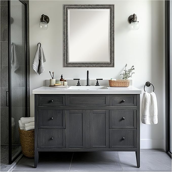 Amanti Art Black Bathroom Mirror for Over Sink, 26x32 Filigree Matte Black Rectangle Vanity Mirror, Large Traditional Frame, Hangs Horizonally and Vertically, Bathroom Wall Decor, Beveled Edge