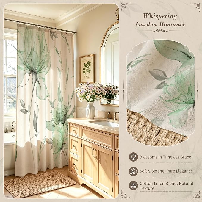 Litabel Farmhouse Green Floral Linen Shower Curtain, Boho Vintage Spring Cotton Shower Curtains for Chic Elegant Bathroom Decor, Ink Painting Style Blossom Fabric Bath Curtain, 72 x 72