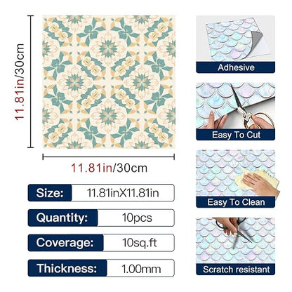 Teal Beige Floral Peel and Stick Floor Tiles 12x12 Inch 10PCS | Teal and beige floral geometric pattern vinyl floor stickers for kitchen bathroom entryway and indoor home decor