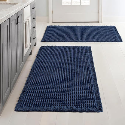 MIULEE Set of 2 Waffle Bathroom Rugs Boho Bath Mat Navy Blue 18x30 Inch | Non Slip, Super Absorbent, Washable, Ultra Soft, Rubber Backed Bath Rugs for Bathroom Floor Tub Shower
