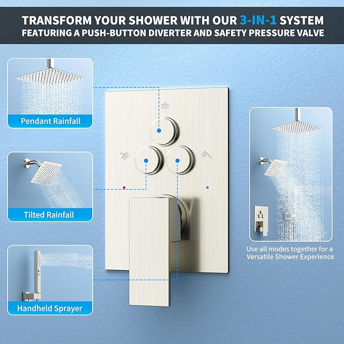 Shower Faucet Set Shower System - EMBATHER Brushed Nickel Push Button Diverter Dual Shower Faucet Valve Kit with Rain Ceiling Mount 10 Inch Shower Head 6 Inch Wall Mount, 2 in 1 Handheld for Couple