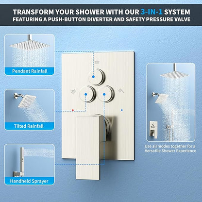 Shower Faucet Set Shower System - EMBATHER Brushed Nickel Push Button Diverter Dual Shower Faucet Valve Kit with Rain Ceiling Mount 10 Inch Shower Head 6 Inch Wall Mount, 2 in 1 Handheld for Couple
