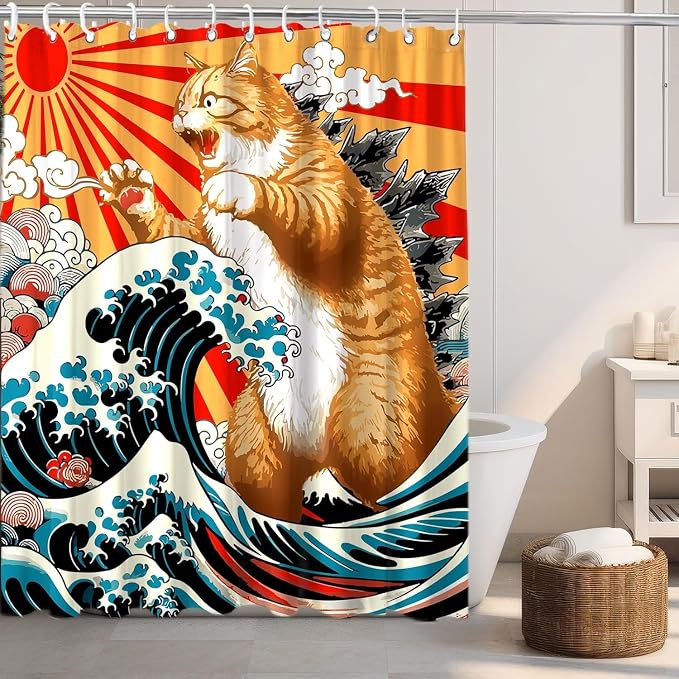 Funny Japanese Cat Shower Curtain, Vintage Orange Cat Japan Anime Ocean Wave Waterproof Shower Curtain with Hooks, Funky Animal Sun Fabric Shower Curtains Kids Bathroom Decor 60X72inches