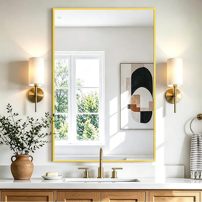 Rectangular Bathroom Mirror, 36"x24" Gold Metal Framed Vanity Mirror | HD Shatterproof Wall Mirror, Horizontal or Vertical Hanging, Easy Installation for Bathroom, Bedroom, Living Room, Entryway
