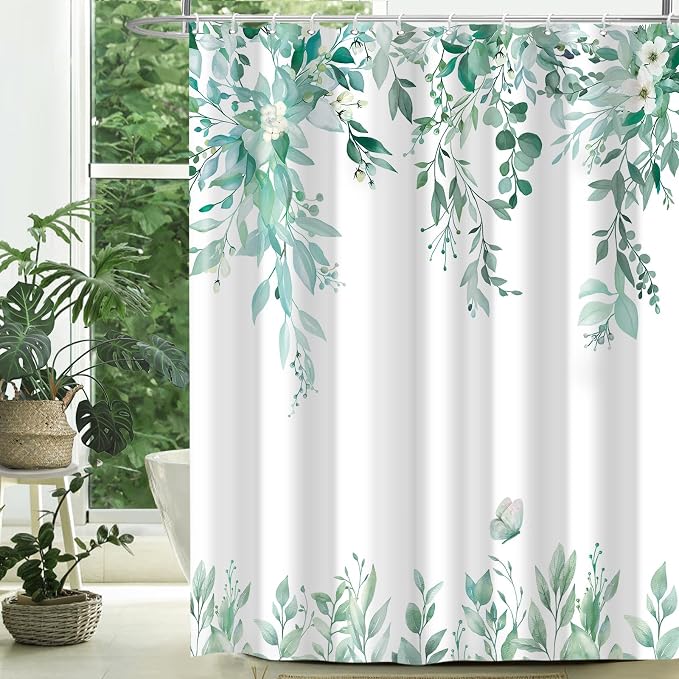Teal Floral Eucalyptus Shower Curtain with Hooks, 72x84 Inch | Waterproof Fabric, Watercolor Leaves and Floral, Botanical Style, Machine Washable, Quick-Drying, for Hotel Bathroom