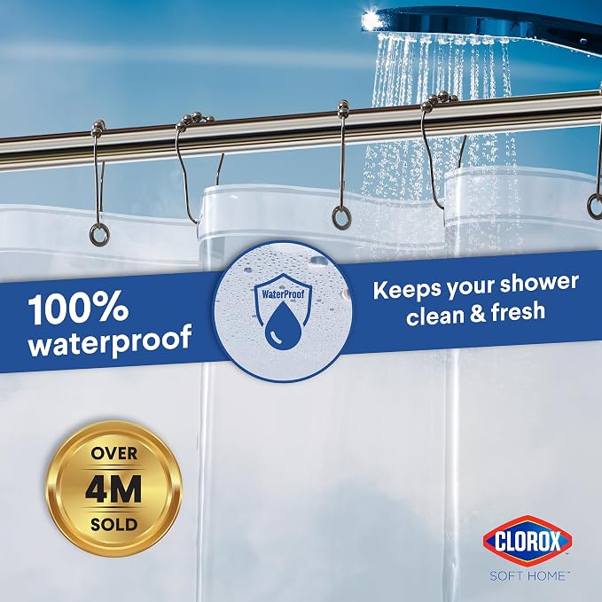 Clorox Shower Curtain Liner, Premium Medium-Weight Durable Waterproof 6g PEVA for Bathroom with Weighted Magnets, Standard Size 72" x 72", Clear 1 Pack