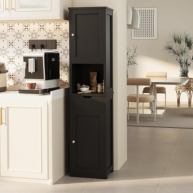 Shintenchi Tall Bathroom Storage Cabinet, Slim Corner Floor Cabinet with Doors and Drawer, Freestanding Narrow Bathroom Organizer with Adjustable Shelves for Small Space, Black