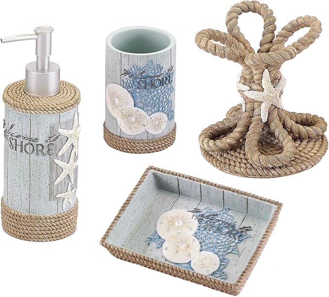 Avanti Linens - Accessory Set, Resin Tumbler, Toothbrush Holder, Soap Dish & Lotion Pump, Durable Bath Decor (Beachcomber Collection)