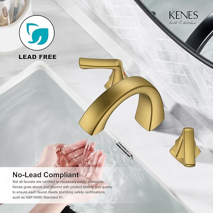 KENES Gold Bathroom Faucets for Sink 3 Hole, Brushed Gold 8 Inch 2 Handle Widespread Bathroom Faucet, Bathroom Vanity Faucet with Pop Up Drain & Supply Lines, LJ-9075-4