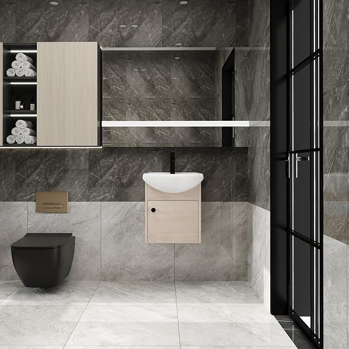 18" Floating Bathroom Vanity with Sink, 18inch Wall Mounted for Small Bathrooms, Soft-Close Door Cabinet with White Ceramic Basin & Waterproof Plywood, Modern Space Saving Vanity, 02318PLO