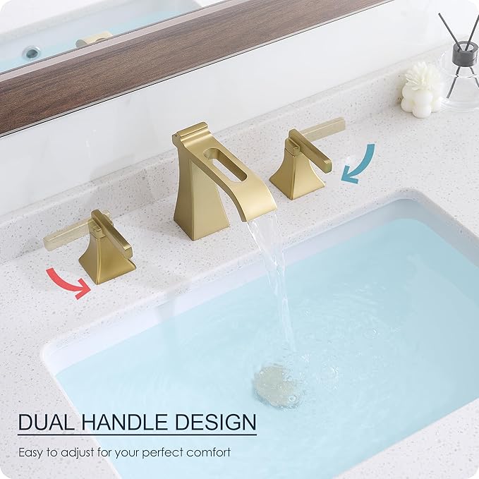 Brushed Gold Bathroom Faucet 3 Hole, Brass Waterfall 8 Inch Widespread Bathroom Sink Faucets with Pop-Up Drain, cUPC Water Hose, 2 Handles for Vanity, Restroom, Modern Hollowed Design