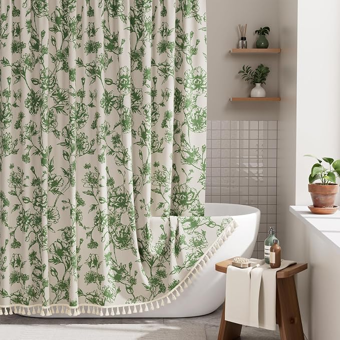 AmazerBath Sage Green Floral Shower Curtain, Modern Farmhouse Shower Curtain Set with Tassels, Rustic Faux Linen Shower Curtain Washable with Hooks for Cottagecore Style, 72x72 Inches
