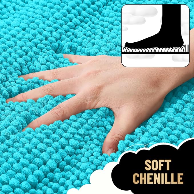 OLANLY Thick Bathroom Rugs 36x24, Soft Chenille Striped Bath Rugs, Aqua Sky | Rubber Backing, Machine Wash, Extra Absorbent Bath Mats for Bathroom Floor, Tub and Shower, Home Decor Accessories