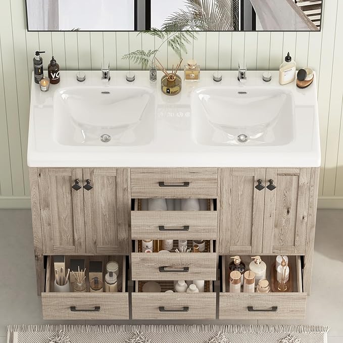 Bathroom Vanity with Sink Combo, 48" Modern Bathroom Storage Cabinet with Double Sink Ceramic, 4 Doors and 5 Drawers, Space-Saving Storage Cabinet, Light Gray Wood