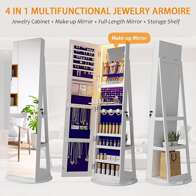 360° Swivel Jewelry Cabinet Organizer with Lights, Full Length Mirror with Jewelry Storage, Lockable Standing Jewelry Armoire Organizer, Mirror Jewelry Cabinet with Inside Makeup Mirror (White)