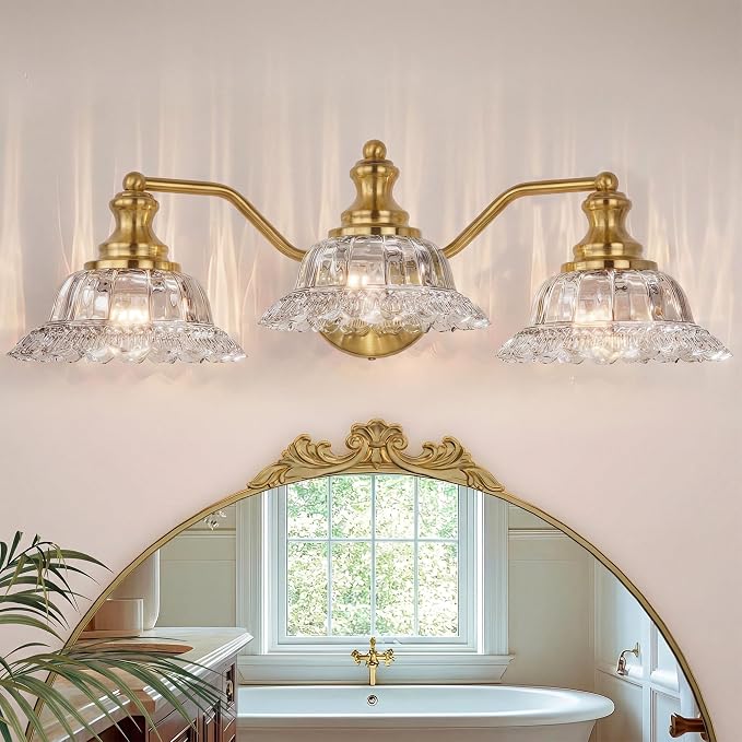 Brass Bathroom Light Fixtures Over Mirror, 3 Light Vintage Bathroom Vanity Light Fixture with Clear Flower Glass Shades, Retro Gold Wall Sconce E26 Vanity Lights for Bathroom Living Room