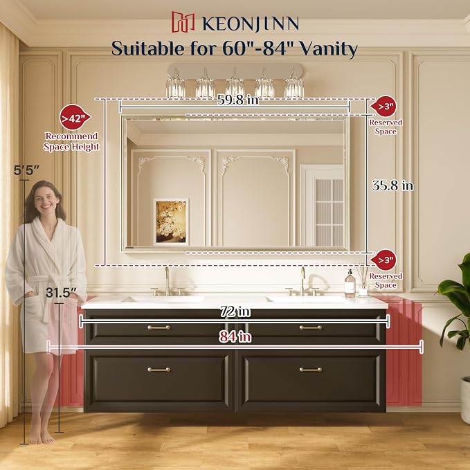 Keonjinn 60" x 36" Gold Bathroom Mirrors, Secure French Cleat Installation | Tempered Glass with Beveled Edge, Aluminum Alloy Frame, Anti-Rust, Large, Brushed Gold Bathroom Vanity Mirror for Wall