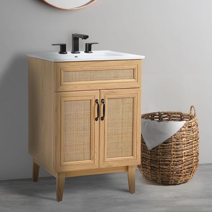 JONATHAN Y Javer Bohemian Rattan Freestanding Bath Vanity, 24", Oak | 18" Deep, 33" High, Double Soft-Close Doors, Caned Paneling, 2-Shelf Storage, Basin Not Included, Modern Farmhouse Style