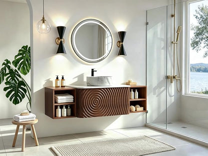 54" Floating Bathroom Vanity with Sink, Mid-Century Wall Mounted Bathroom Vanity Cabinet with Wood Waved Decor,Marble Ceramic Basin and Sintered Stone Top, Soft Close Drawer, 2 Side Open Cube