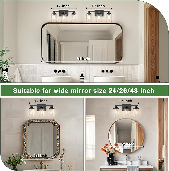 17 Inch Bathroom Light Fixtures, 3-Light Black Bathroom Lighting Fixtures Over Mirror with Clear Glass Shade, Vanity Lights for Bathroom Living Room Bedroom, ETL Listed | Modern Bathroom Lighting Fixture Over Mirror with Clear Glass Shade Vanity Lights...