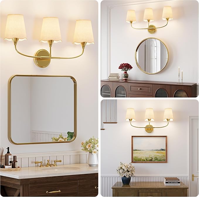 Morauroral Bathroom Light Fixtures, 3 Light Gold Vanity Light for Bathroom, Modern Sconce Wall Light with Scalloped Linen Fabric Shade, Rustic Vanity Light Fixtures for Mirror, Living Room(ETL Listed)