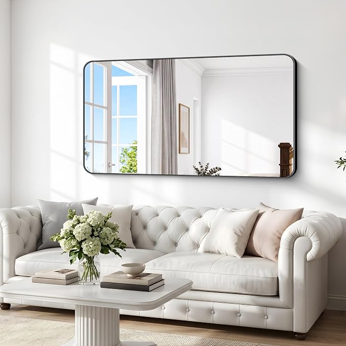 BONEWEI 66x30 inch Large Bathroom Mirror,Black Rectangle Mirror,Wall Mounted Bathroom Frame Vanity Mirror with Round Corner for Bedroom Living Room, Entryway Hangs Horizontal or Vertical