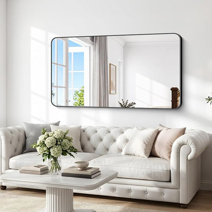 BONEWEI 66x30 inch Large Bathroom Mirror,Black Rectangle Mirror,Wall Mounted Bathroom Frame Vanity Mirror with Round Corner for Bedroom Living Room, Entryway Hangs Horizontal or Vertical