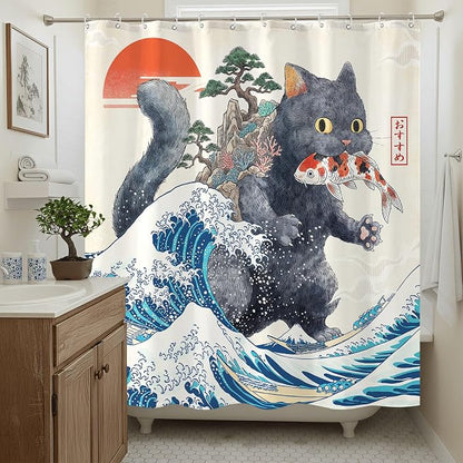 Accnicc Funny Cat Monster Shower Curtain for Bathroom 72 X 72 Inch | Fun Cool Black Cat Shower Curtains, Japanese Ocean Wave Kids Bath Curtain Decor, Water-Resistant Washable Polyester Fabric