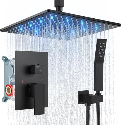 Aolemi Ceiling Shower Faucet Set with Handheld 12" LED Head Matte Black | Handheld Spray,12 Inch Rain LED Head,Shower Valve and Trim Kit,All Metal,Ceiling System,Bathroom Mixer