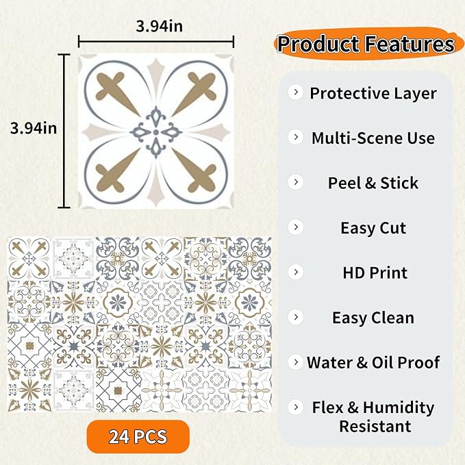 24 PCS Bohemian Floral PVC Peel and Stick Tile Stickers | for Kitchen Bathroom RV, Waterproof Self-Adhesive Removable Backsplash Decals, Easy DIY Upgrade, Smooth Surfaces, 3.94x3.94in