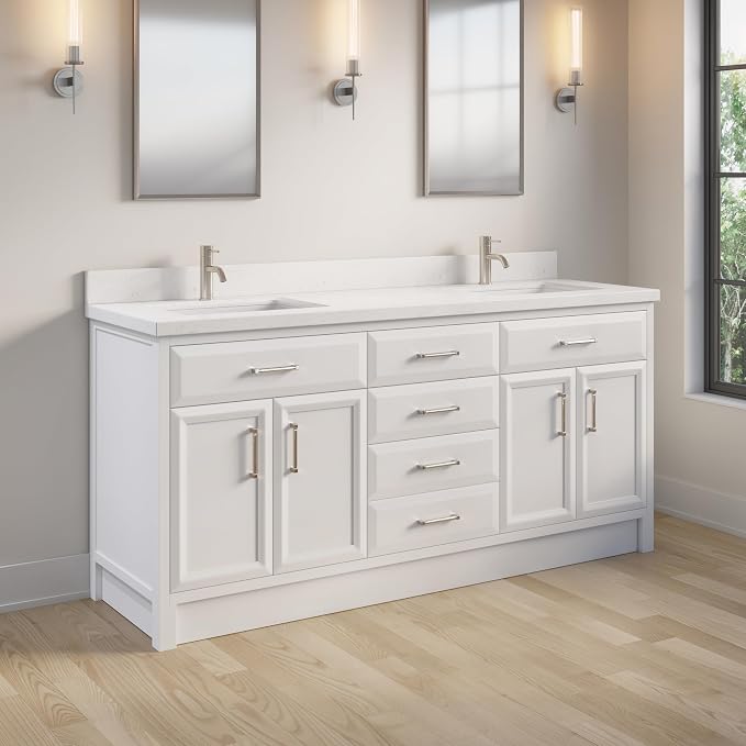 Capri III 72" Double Sink Bathroom Vanity With Stealth Organizer, Solid Wood Bathroom Cabinet with Engineered Stone Countertop & Backspalsh, Soft Closing Door & Drawer, Pre-Assembled, White