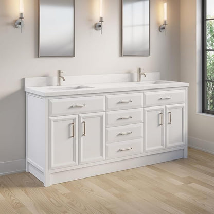Capri III 72" Double Sink Bathroom Vanity With Stealth Organizer, Solid Wood Bathroom Cabinet with Engineered Stone Countertop & Backspalsh, Soft Closing Door & Drawer, Pre-Assembled, White