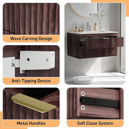 30 Inch Floating Bathroom Vanity Without Sink, Bathroom Wall Cabinet with 2 Fluted Drawers & Metal Handle, Wall Mounted Cabinet for Bathrooms (Brown, 30 inch, Without Sink)