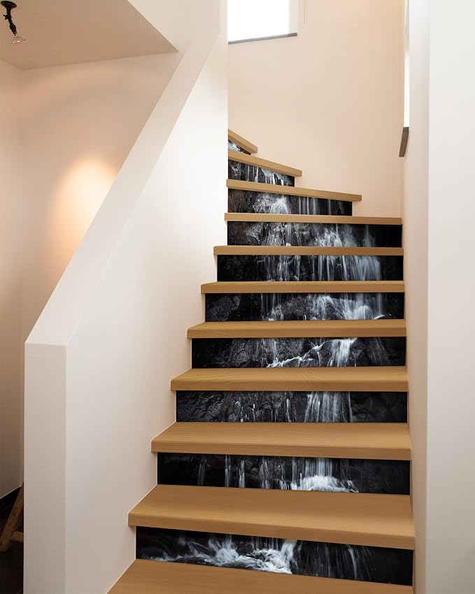 FLFK Stair Riser Decals - Stair Stickers Decals Peel and Stick,Rock Waterfall Stair Decals Self-Adhesive for Home Decor, 39.3" W x 7.08" H x 13Pcs