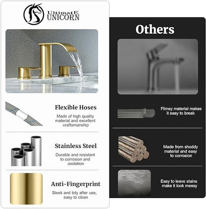 Ultimate Unicorn 8 inch Bathroom Faucet Brushed Gold, Waterfall Bathroom Faucet with Metal Pop-up Sink Drain Stopper and 2 Supply Hoses,2 Handle Widespread Faucets for Vanity Sink 3 Holes (Pack of 2)