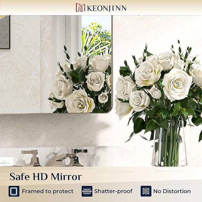 Keonjinn 20 x 26 Inch Brushed Nickel Recessed Medicine Cabinets, Bathroom Mirrored Medicine Cabinet, Brushed Nickel Stainless Steel Framed, Adjustable Shelves, In Wall or Surface Mount, Sturdy, Modern