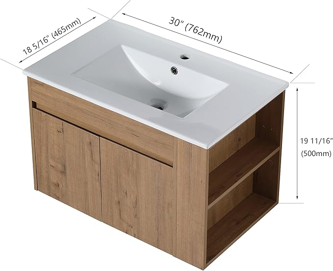30 in Wall-Mounted Bathroom Vanity with Sink Combo, Modern Floating Bathroom Vanity Set with Ceramic Top Basin and 2 Door&Adjustable Shelf for Small Space, Brown