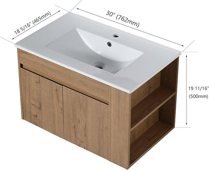 30 in Wall-Mounted Bathroom Vanity with Sink Combo, Modern Floating Bathroom Vanity Set with Ceramic Top Basin and 2 Door&Adjustable Shelf for Small Space, Brown