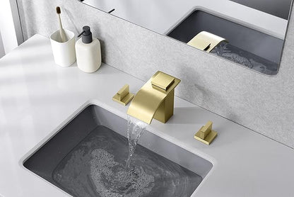 SUMERAIN Brushed Gold Waterfall Bathroom Faucet 3 Hole 8 Inch Widespread Bathroom Sink Faucet