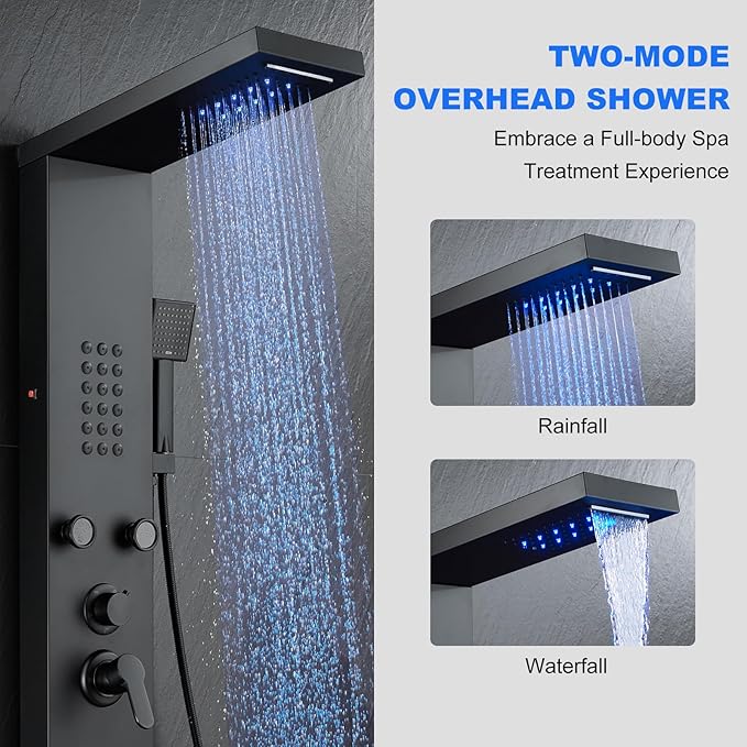 POPFLY Shower Panel Tower System, LED Rainfall & Waterfall Shower Head with Body Jets, Handheld Shower & Tub Spout, Matt Black Stainless Steel Wall-Mounted Bathroom Shower Column Tower
