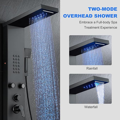 POPFLY Shower Panel Tower System, LED Rainfall & Waterfall Shower Head with Body Jets, Handheld Shower & Tub Spout, Matt Black Stainless Steel Wall-Mounted Bathroom Shower Column Tower