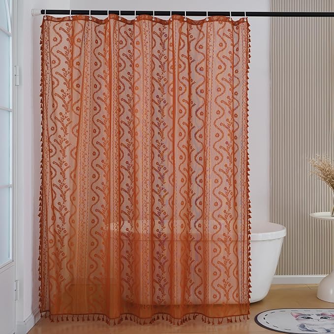 WAZZIO Bunrt Orange Lace Shower Curtain for Bathroom 72" W x 84" L, Victorian Farmhouse Floral Pattern Tassel Fancy Shower Curtain Boho Washable Cloth Decorative Bath Curtains,1 Panel