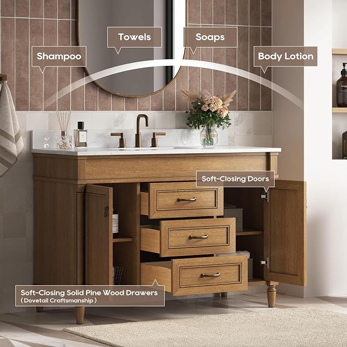 48 Inch Bathroom Vanity with Sink Combo, Classic Bathroom Cabinet with Countertop & Backsplash, Solid Wood Vanity with Soft Closing Doors & Dovetail Drawers, Ceramic Sink, Light Walnut